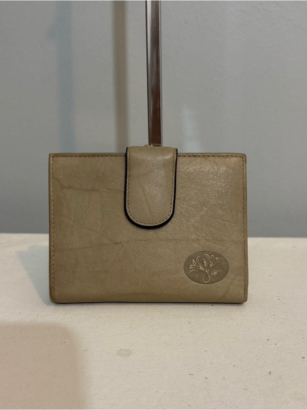 Buxton Double Cardex Leather Wallet with Floral Debossed Logo in Taupe